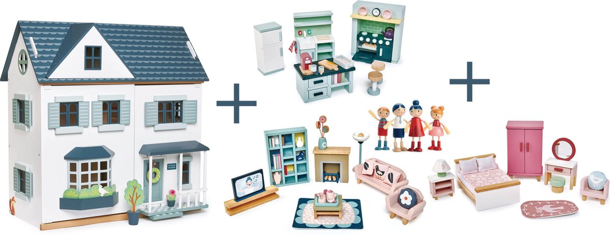 [D] Tender Leaf uniek houten poppenhuis Dovetail XL in neutrale kleuren inclusief houten poppen familie - woonkamer meubeltjes, keuken meubels en badkamer meubels- 68 x 70 cm